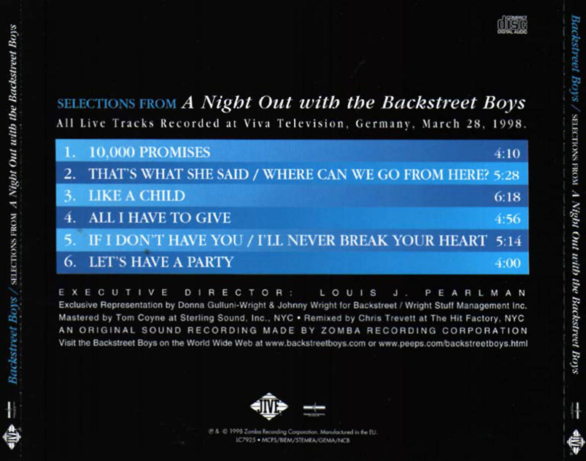 Cartula Trasera de Backstreet Boys - Selections From A Night Out With The Backstreet Boys