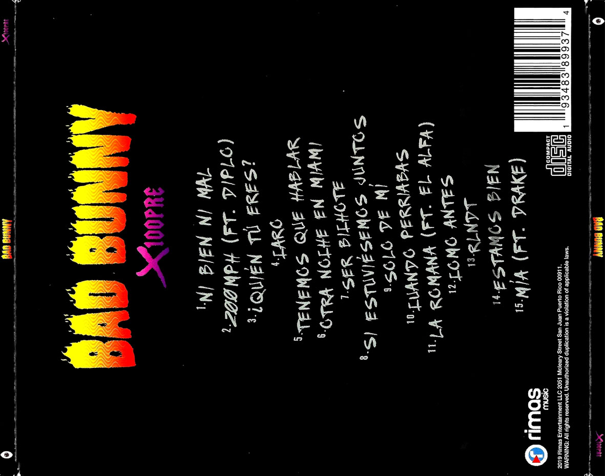 Cartula Trasera de Bad Bunny - X 100pre