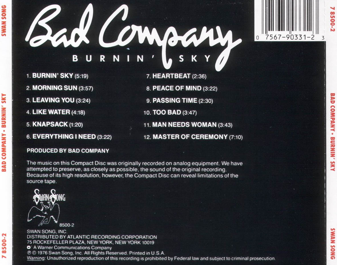 Cartula Trasera de Bad Company - Burnin' Sky