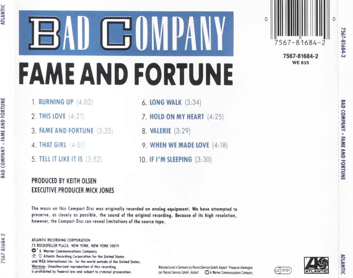 Cartula Trasera de Bad Company - Fame And Fortune