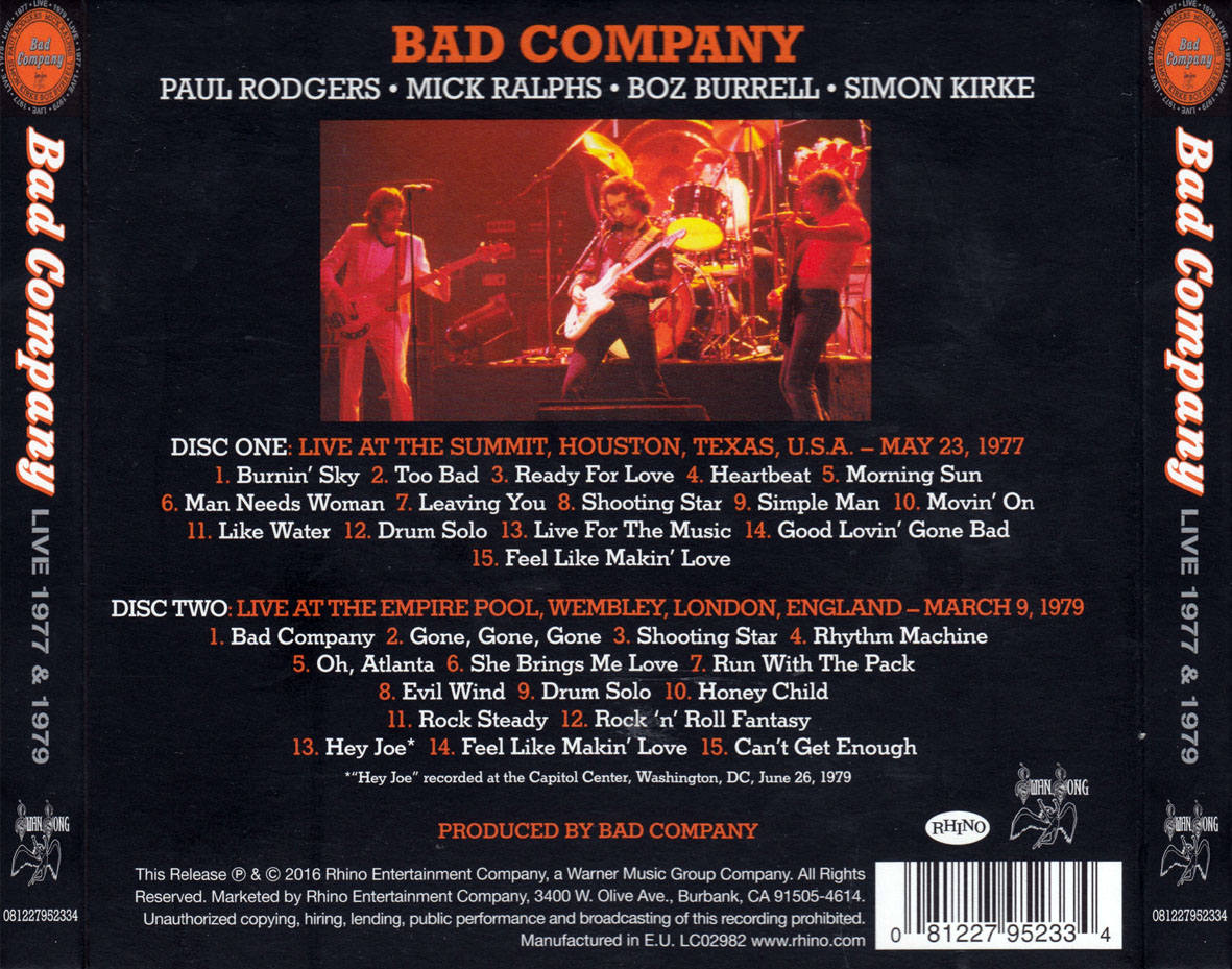 Cartula Trasera de Bad Company - Live 1977 & 1979