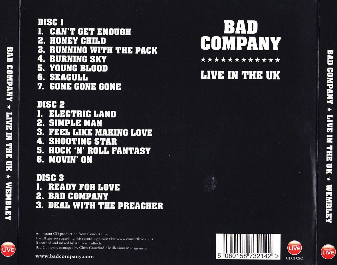 Cartula Trasera de Bad Company - Live In The Uk: Wembley