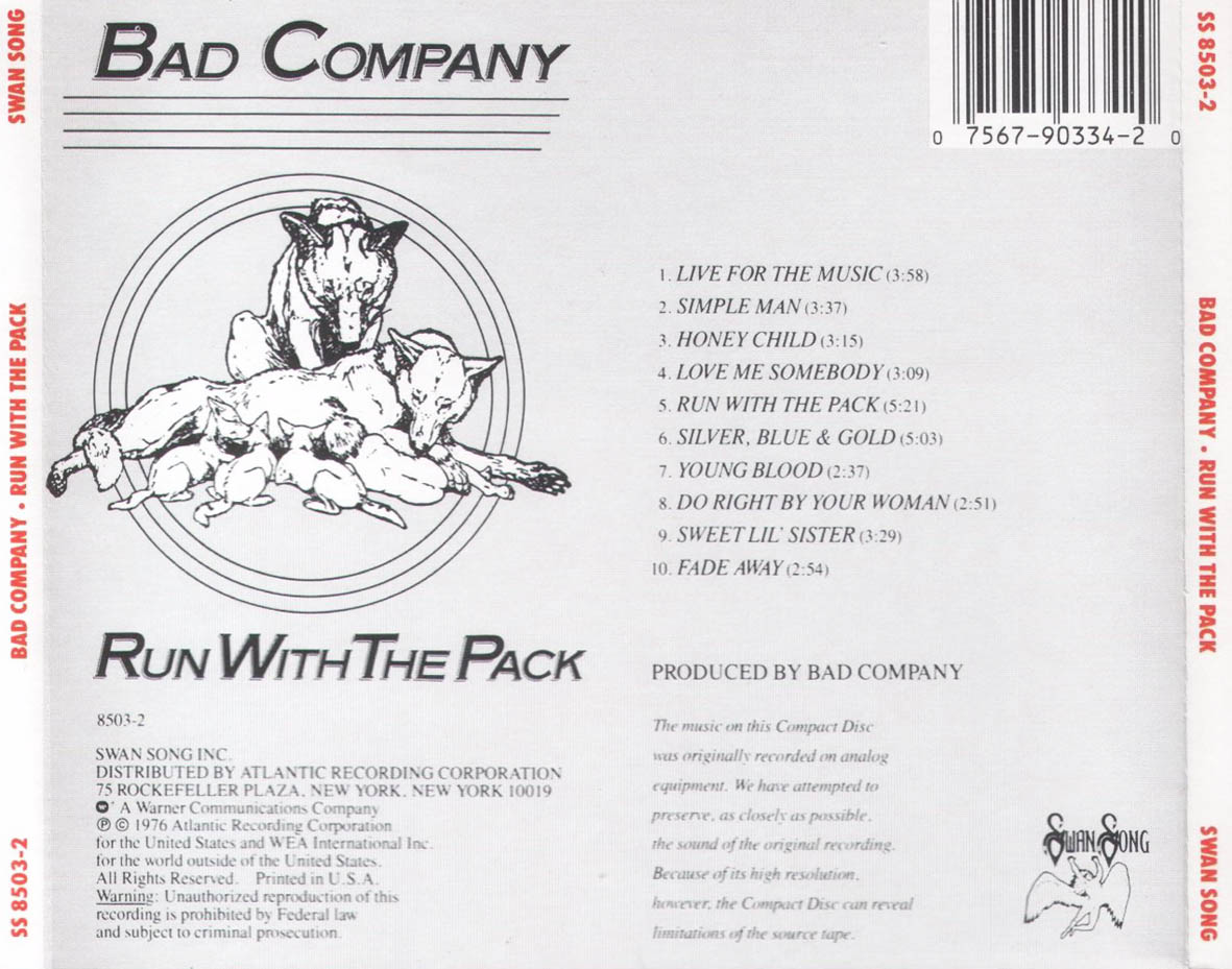 Cartula Trasera de Bad Company - Run With The Pack