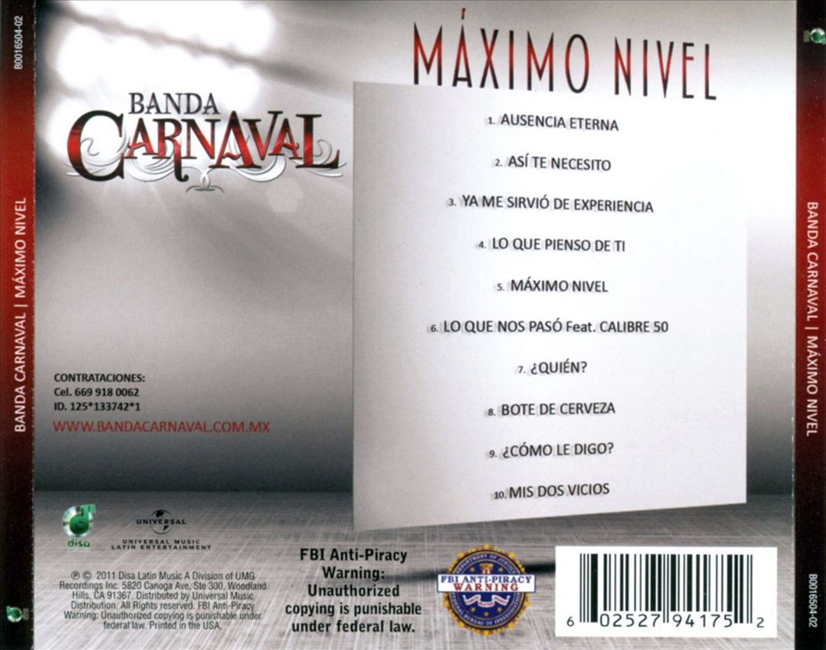 Cartula Trasera de Banda Carnaval - Maximo Nivel