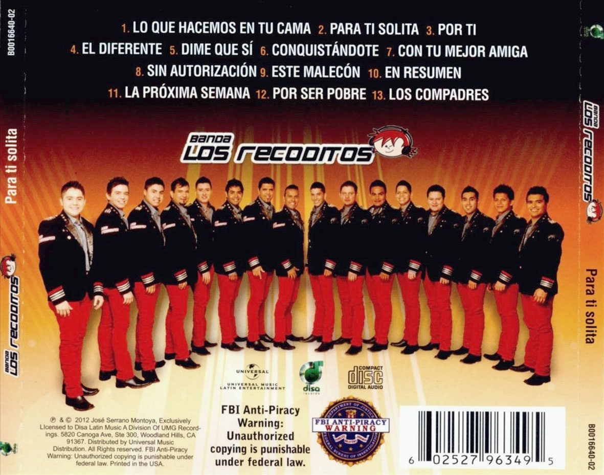 Cartula Trasera de Banda Los Recoditos - Para Ti Solita