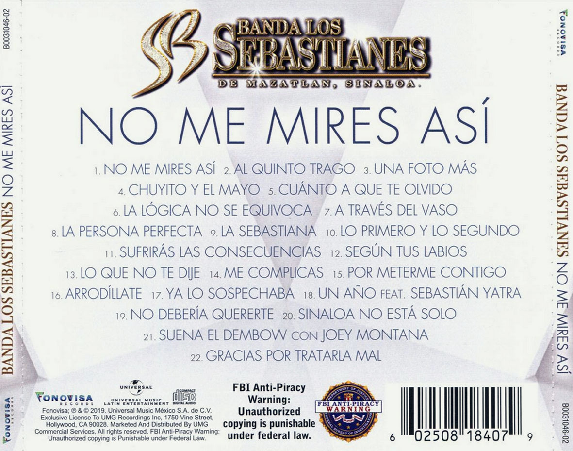 Cartula Trasera de Banda Los Sebastianes - No Me Mires Asi