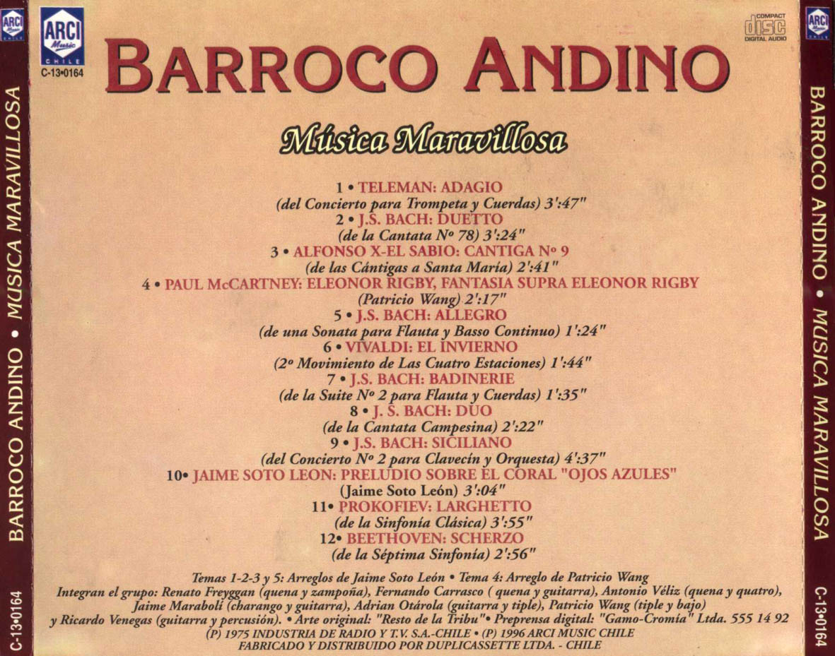 Cartula Trasera de Barroco Andino - Musica Maravillosa