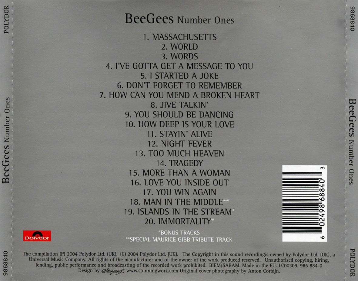 Cartula Trasera de Bee Gees - Number Ones