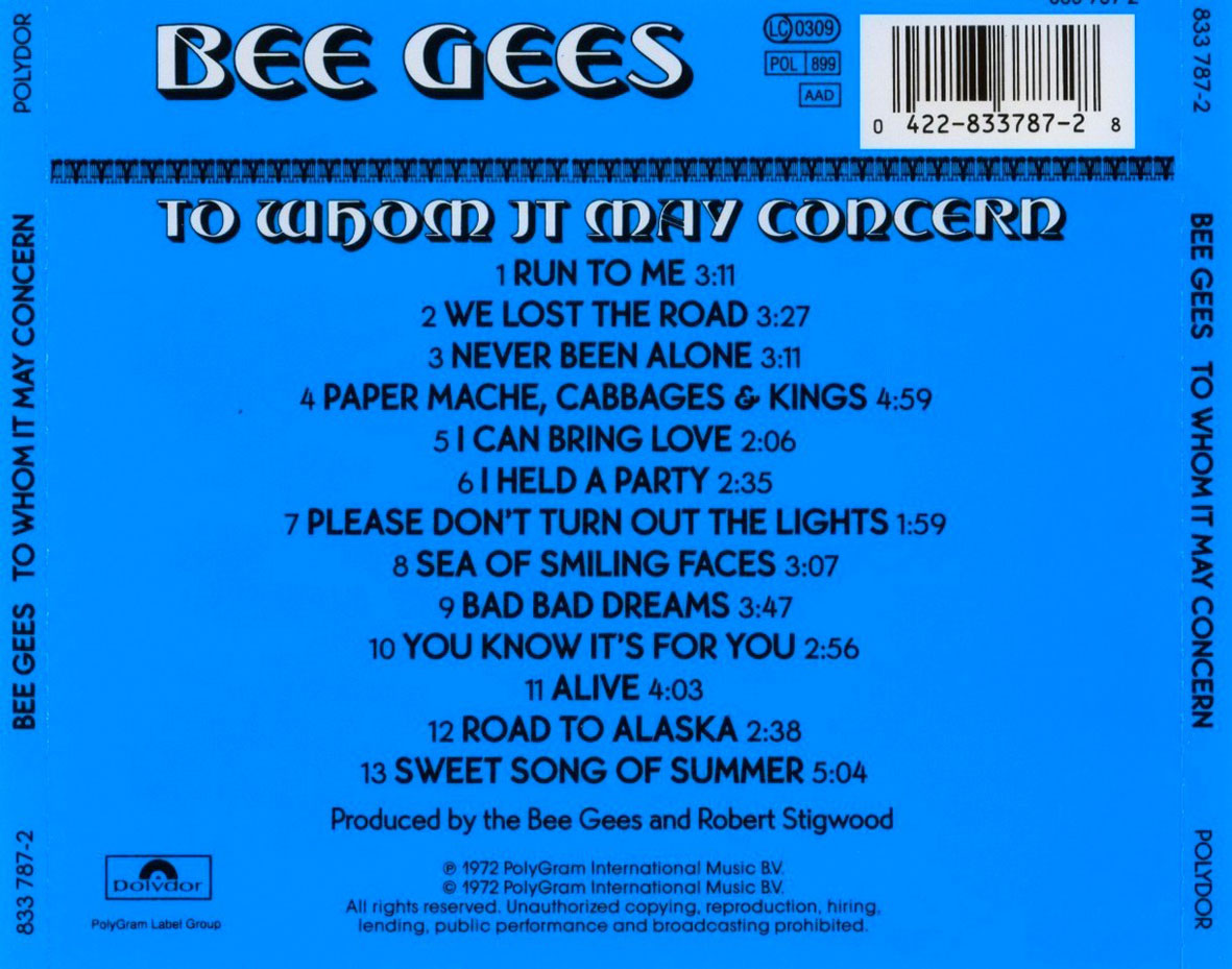 Cartula Trasera de Bee Gees - To Whom It May Concern