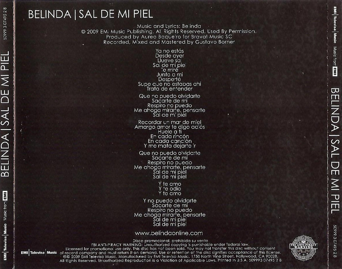 Cartula Trasera de Belinda - Sal De Mi Piel (Cd Single)