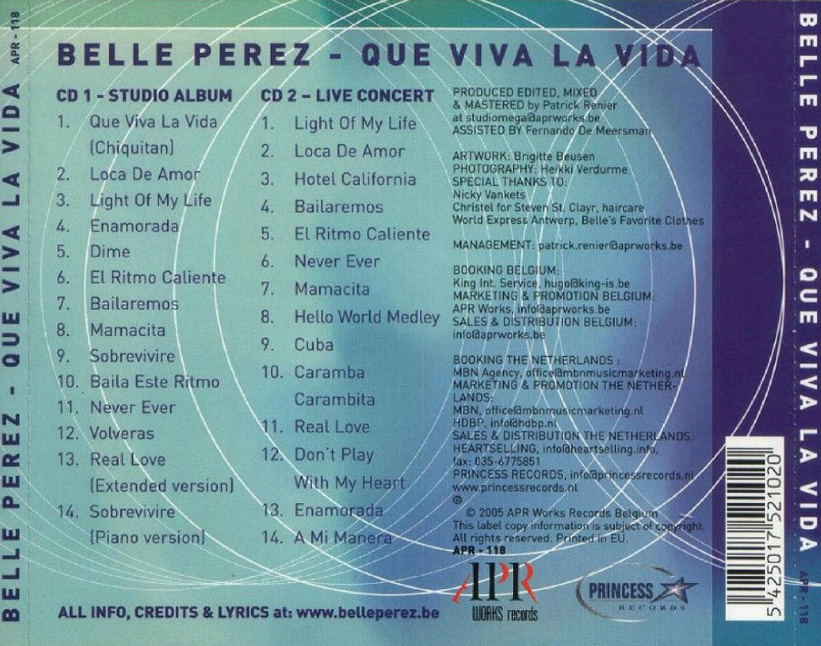 Cartula Trasera de Belle Perez - Que Viva La Vida