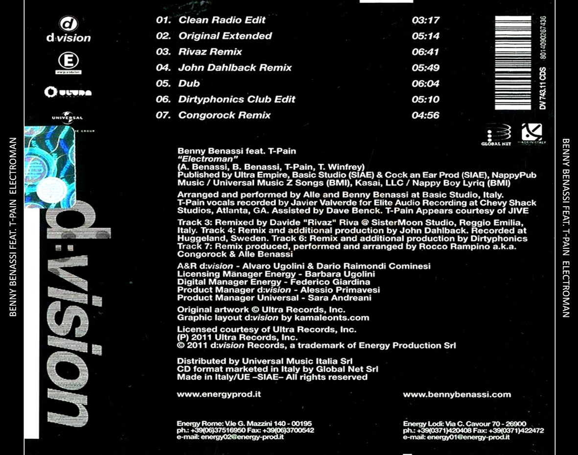 Cartula Trasera de Benny Benassi - Electroman (Featuring T-Pain) (Cd Single)