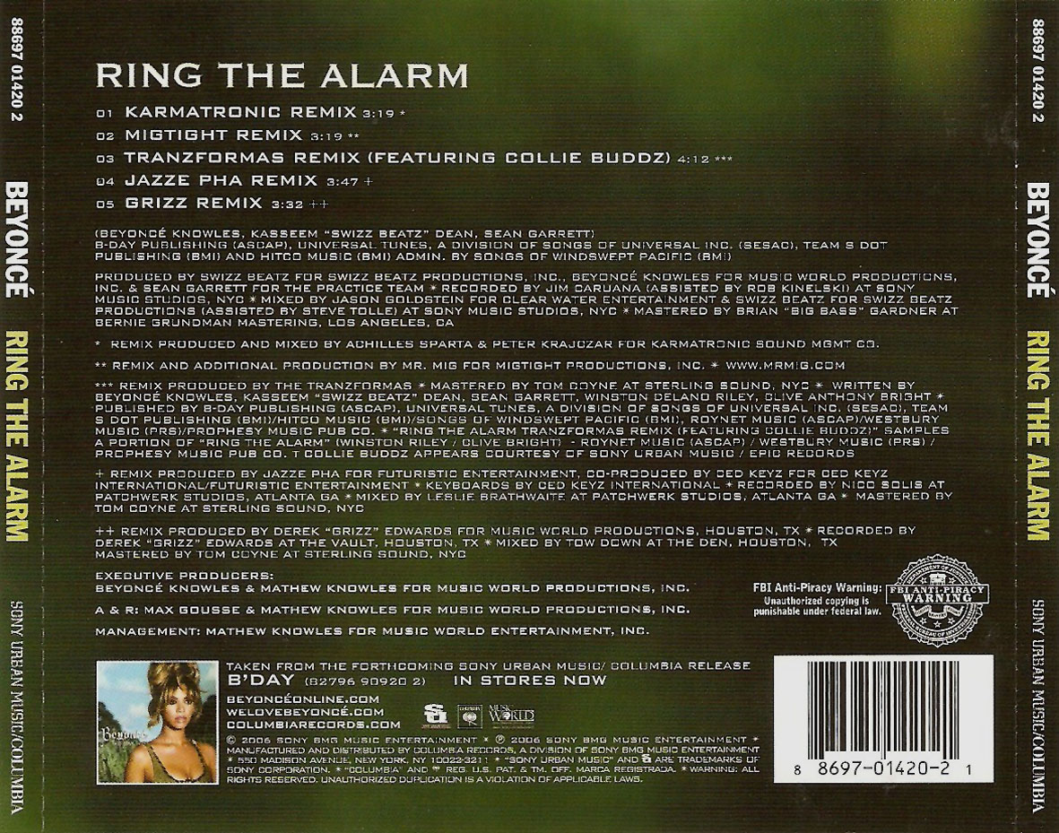Cartula Trasera de Beyonce - Ring The Alarm (Cd Single)