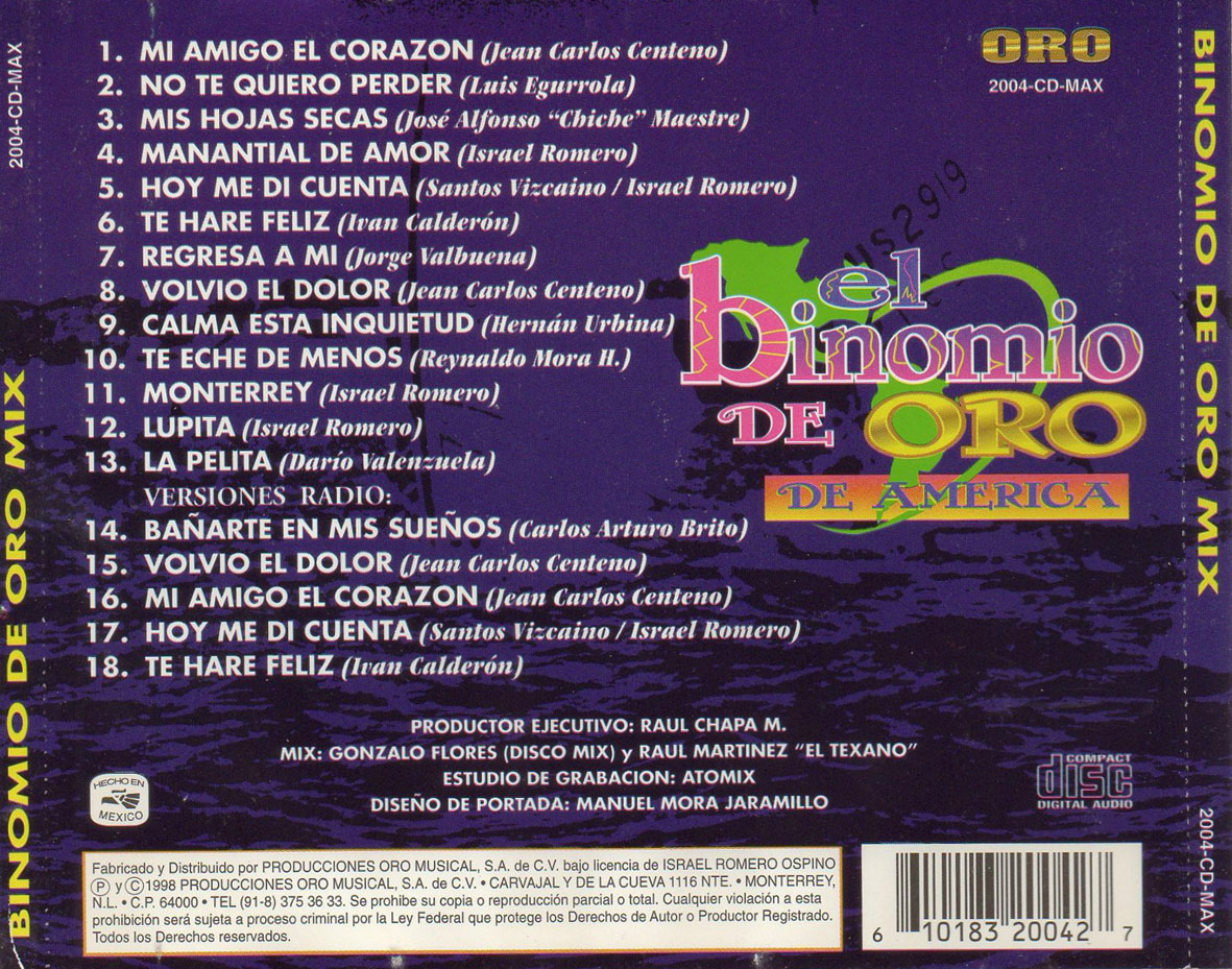 Cartula Trasera de Binomio De Oro De America - Binomio Mix