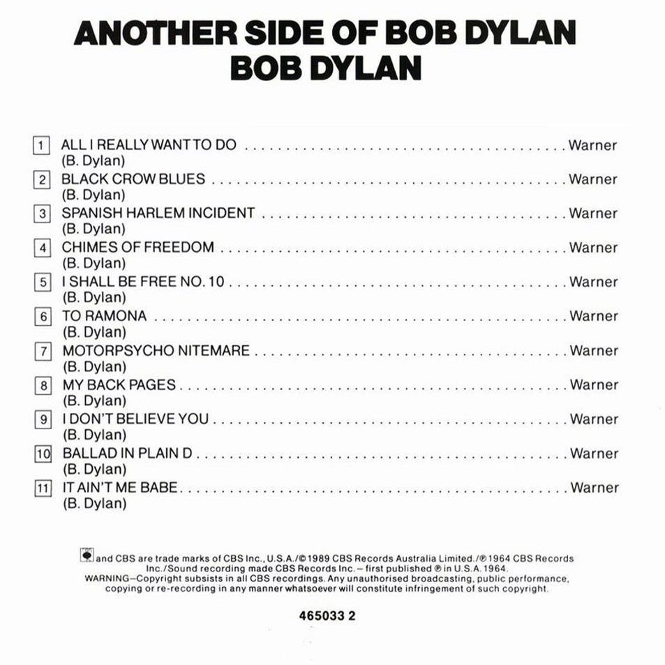 Cartula Interior Frontal de Bob Dylan - Another Side Of Bob Dylan