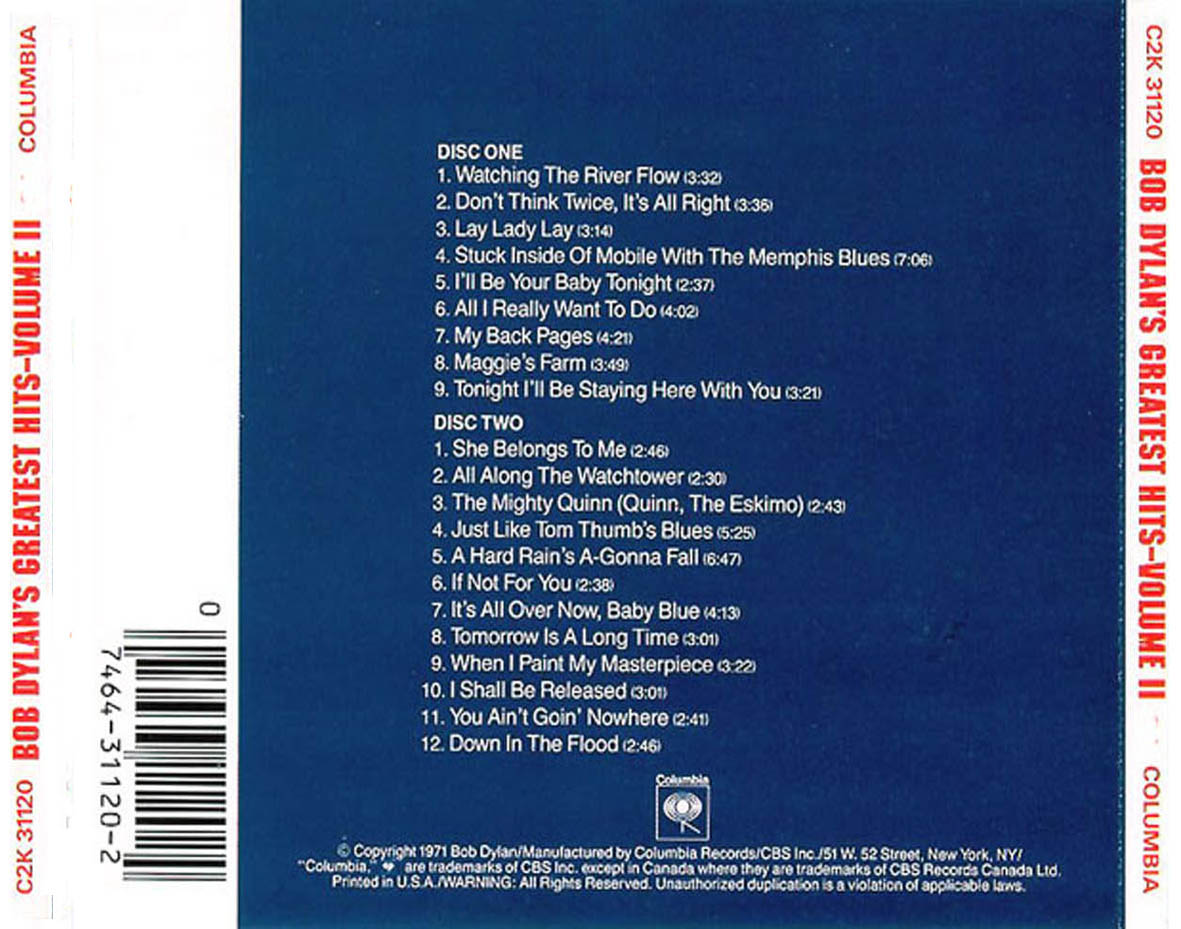 Cartula Trasera de Bob Dylan - Greatest Hits Volume 2
