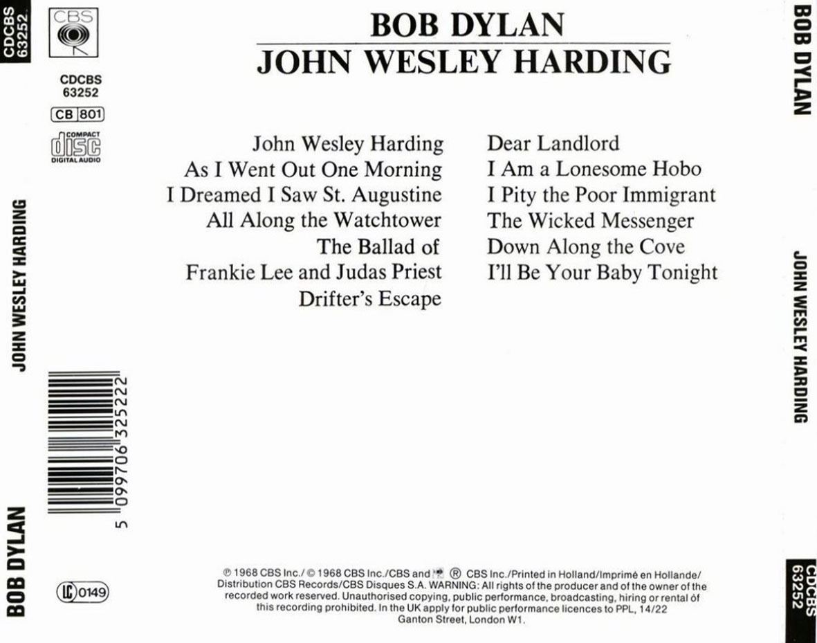 Cartula Trasera de Bob Dylan - John Wesley Harding