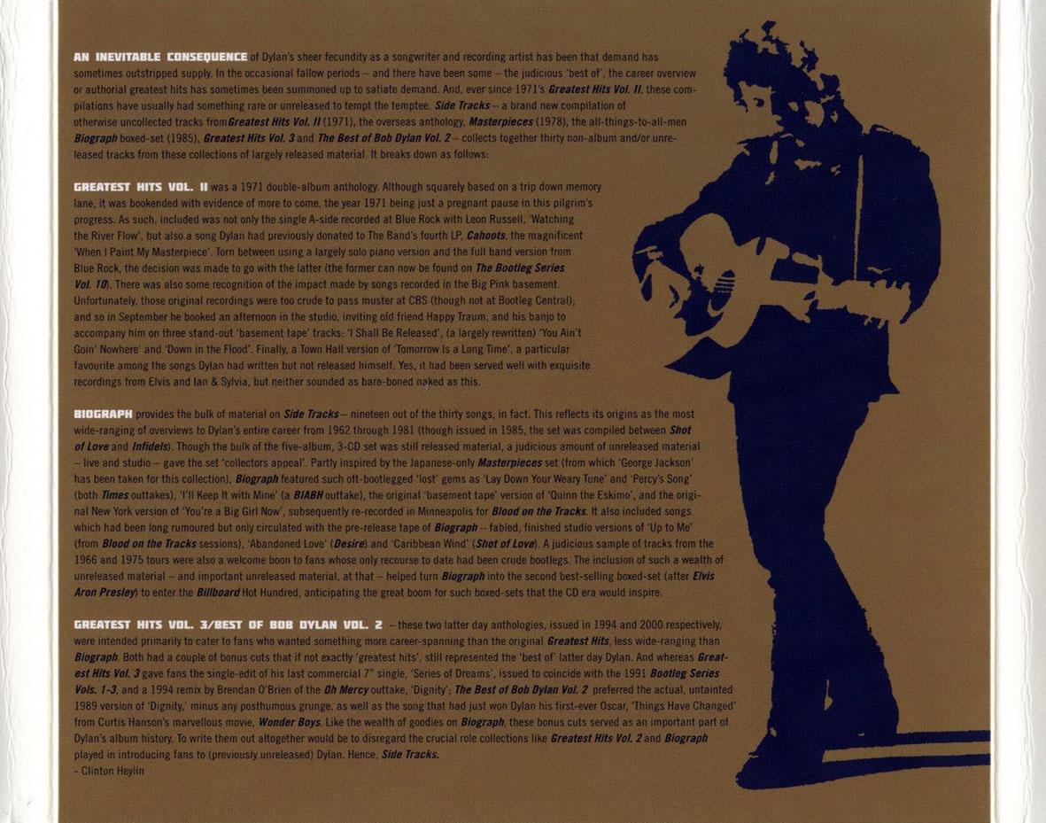Cartula Interior Trasera de Bob Dylan - Side Tracks