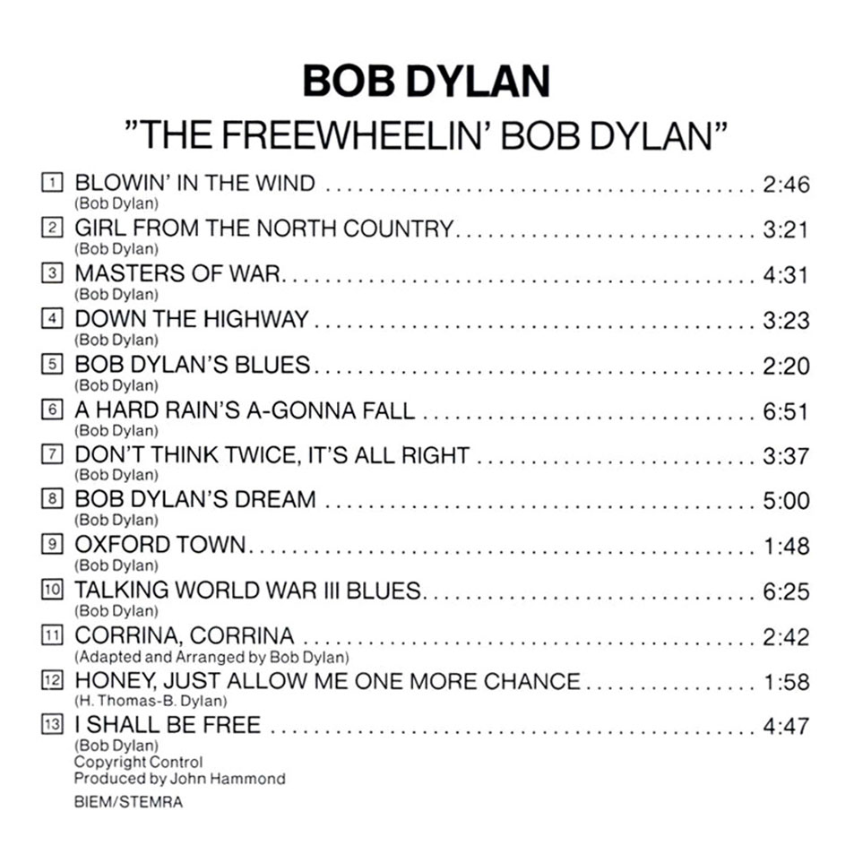 Cartula Interior Frontal de Bob Dylan - The Freewheelin'