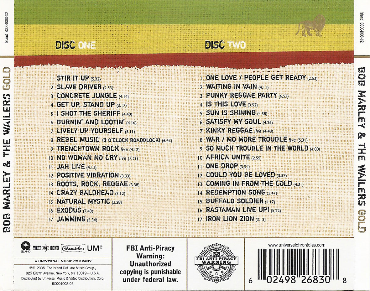 Cartula Trasera de Bob Marley & The Wailers - Gold