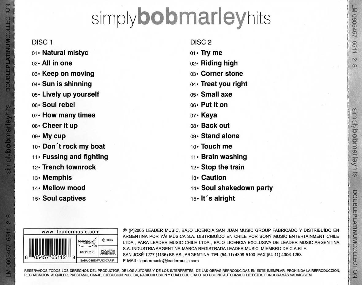 Cartula Trasera de Bob Marley & The Wailers - Simply Bob Marley Hits