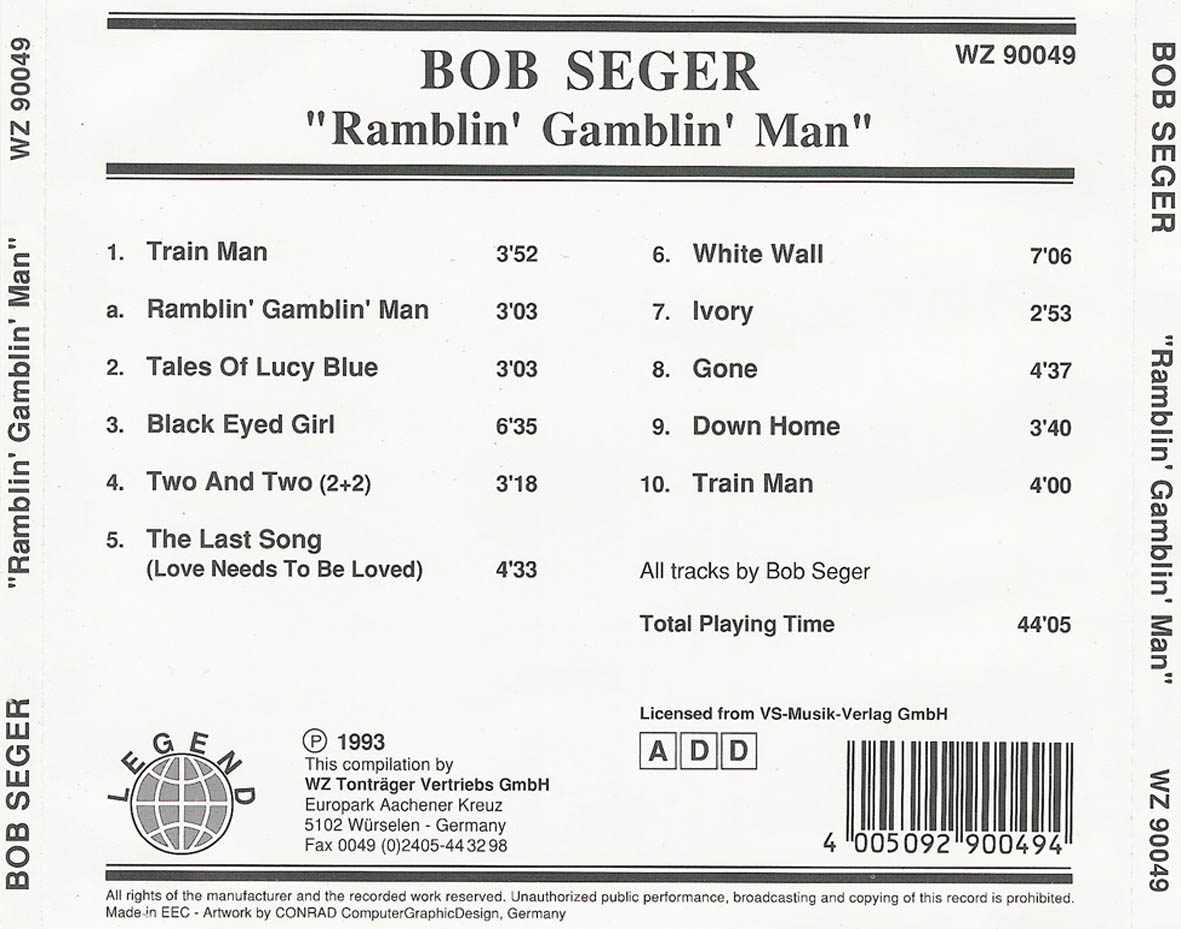 Cartula Trasera de Bob Seger - Ramblin' Gamblin' Man