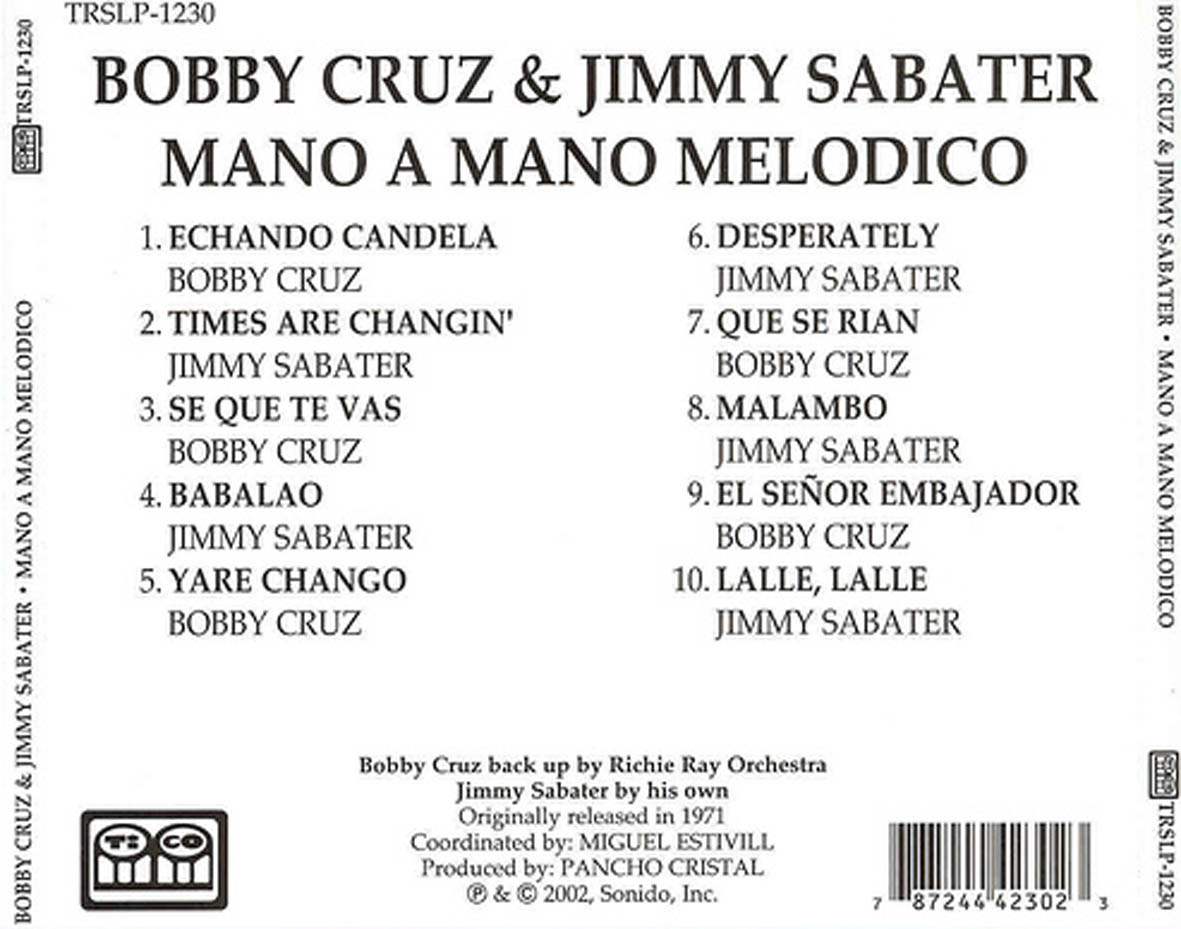 Cartula Trasera de Bobby Cruz & Jimmy Sabater - Mano A Mano Melodico