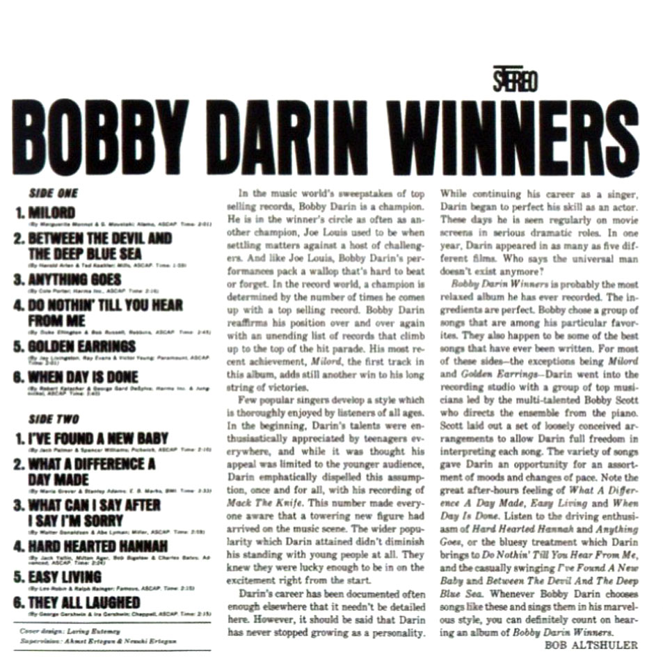 Cartula Interior Frontal de Bobby Darin - Winners