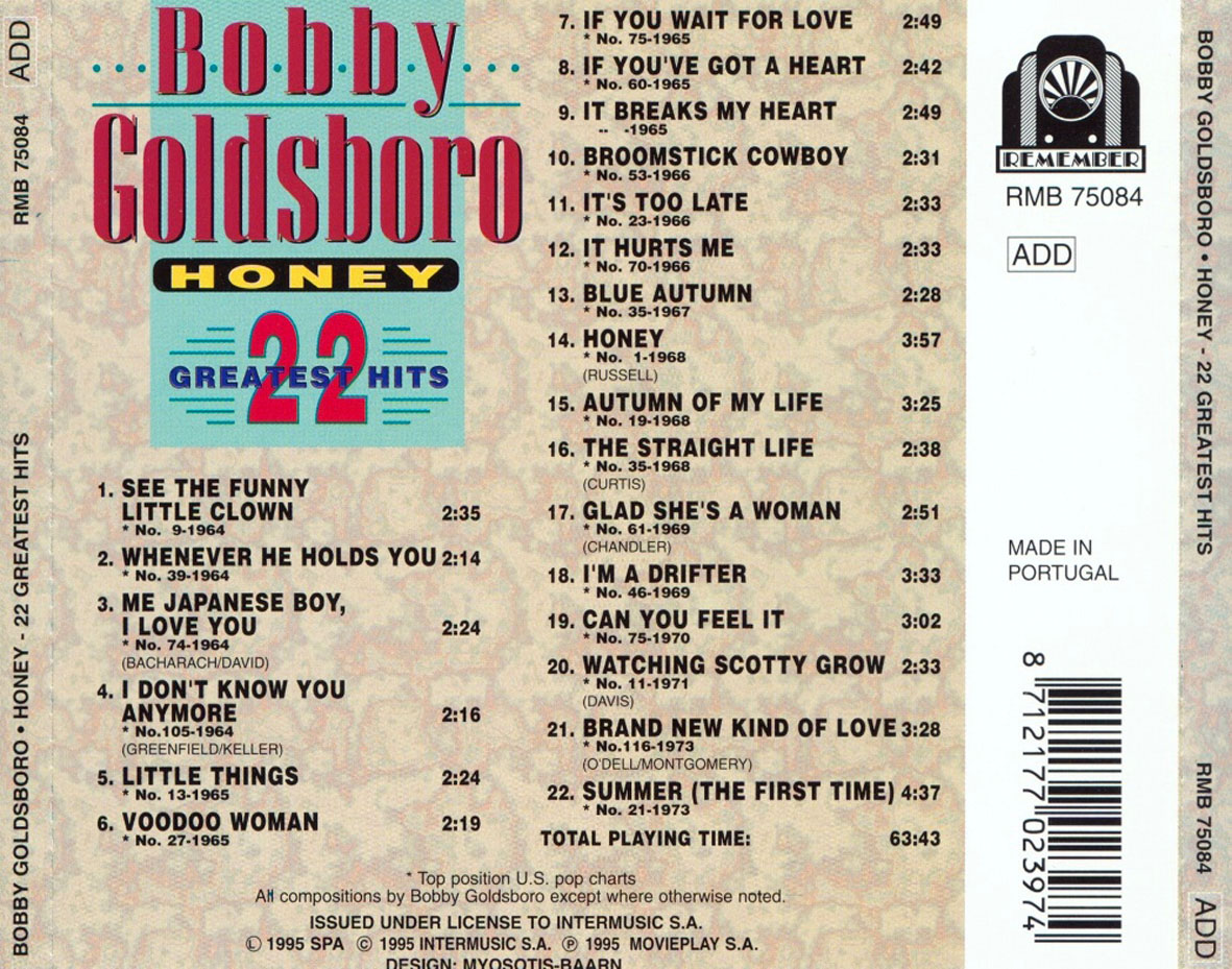 Cartula Trasera de Bobby Goldsboro - Honey: 22 Greatest Hits