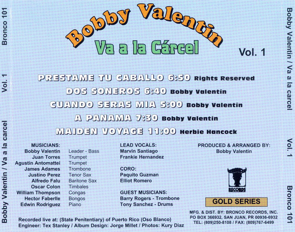 Cartula Trasera de Bobby Valentin - Va A La Carcel Volumen 1