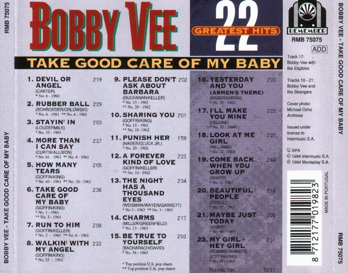 Cartula Trasera de Bobby Vee - Take Good Care Of My Baby: 22 Greatest Hits