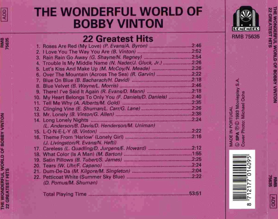 Cartula Trasera de Bobby Vinton - The Wonderful World Of Bobby Vinton: 22 Greatest Hits