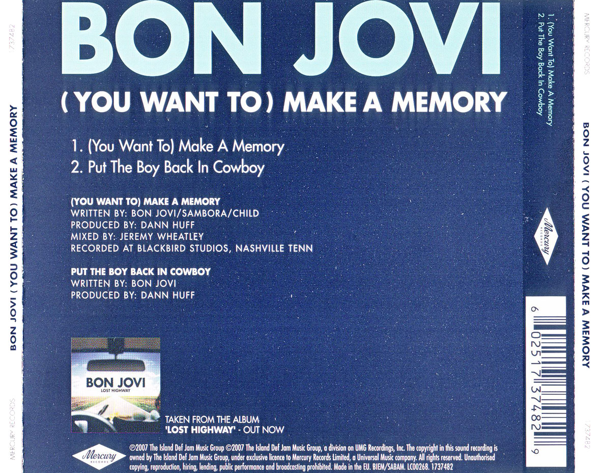 Cartula Trasera de Bon Jovi - (You Want To) Make A Memory (Cd Single)