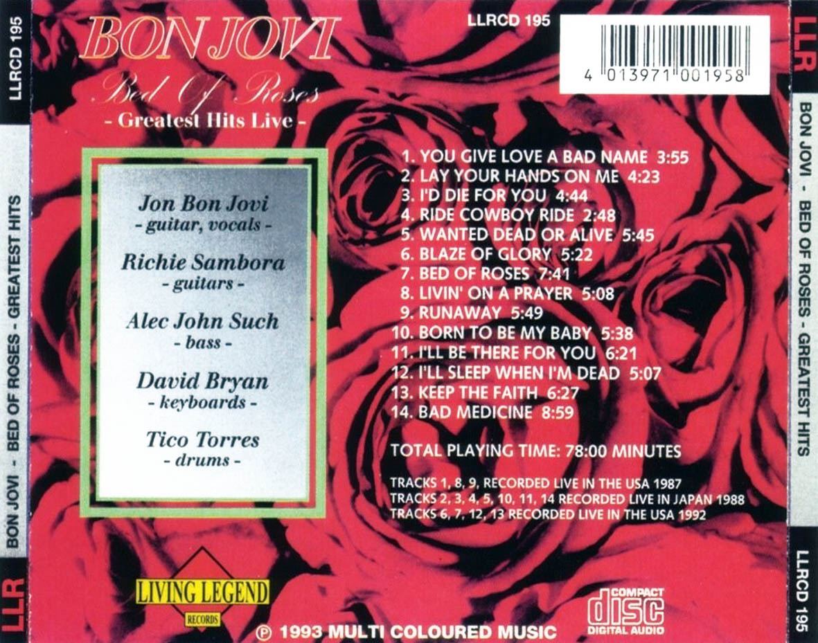 Cartula Trasera de Bon Jovi - Bed Of Roses - Greatest Hits Live