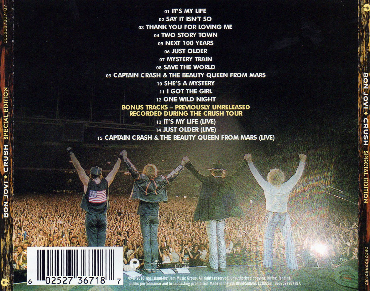 Cartula Trasera de Bon Jovi - Crush (Special Edition)