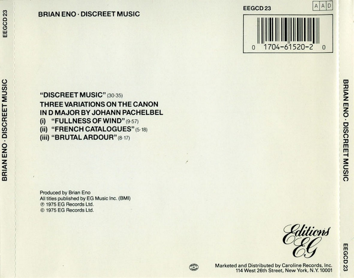 Cartula Trasera de Brian Eno - Discreet Music