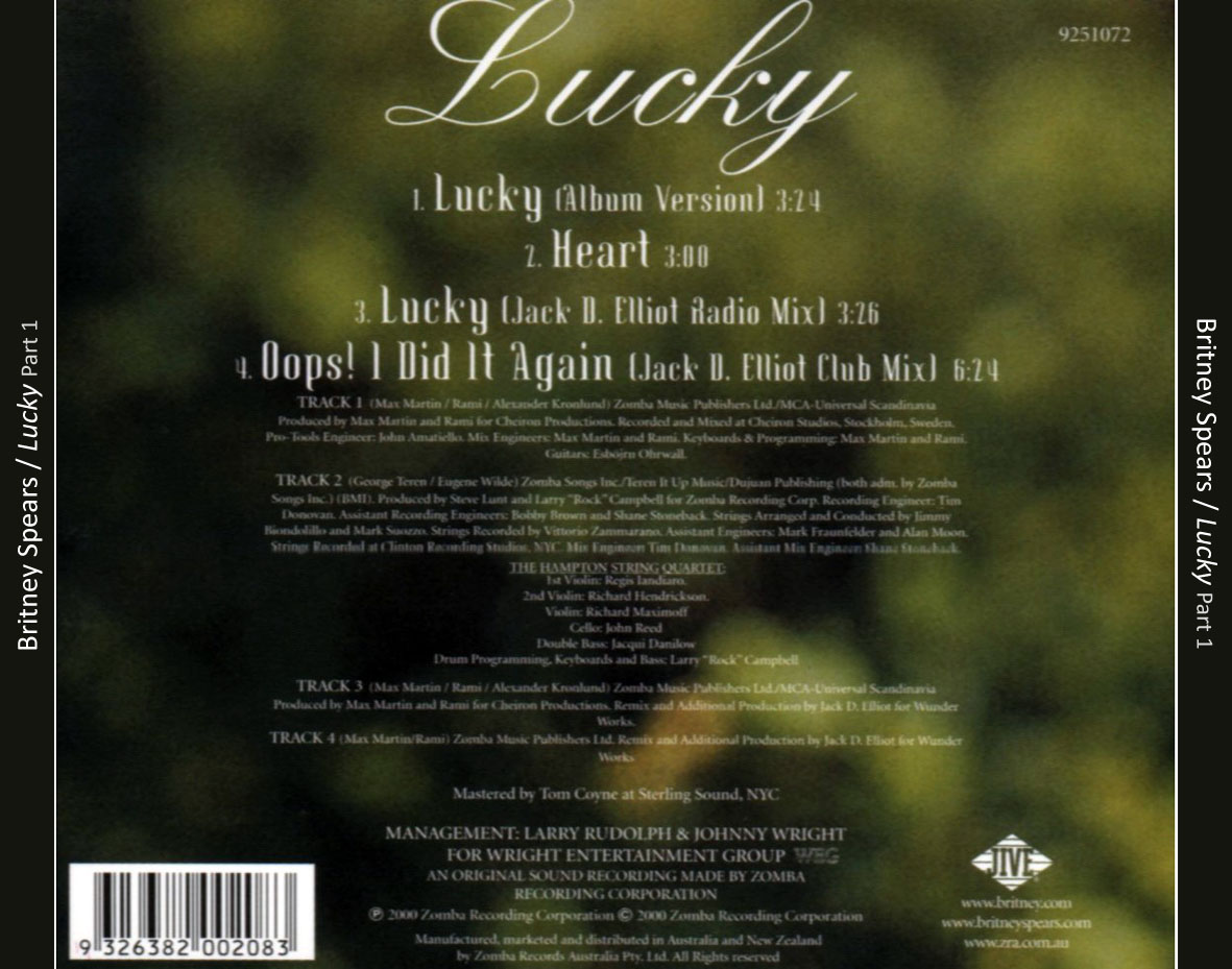Cartula Trasera de Britney Spears - Lucky Part 1 (Cd Single)