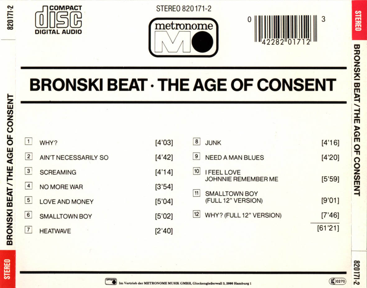 Cartula Trasera de Bronski Beat - The Age Of Consent