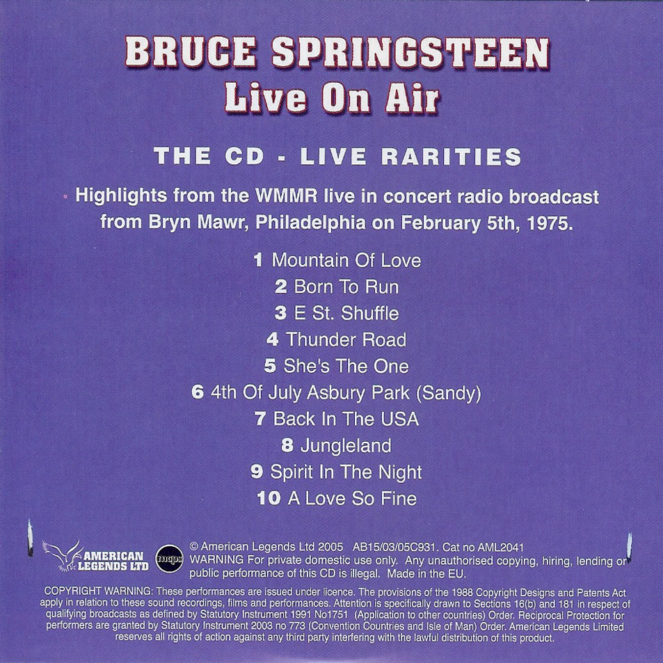 Cartula Interior Frontal de Bruce Springsteen - Live On Air