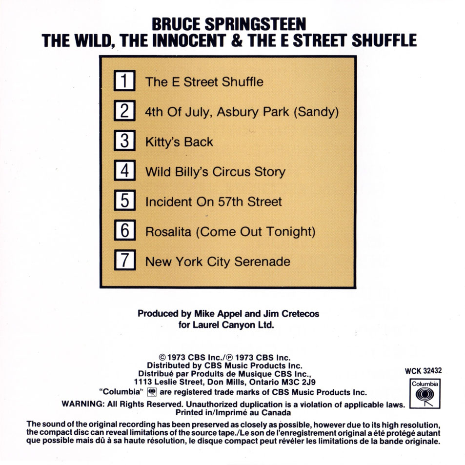 Cartula Interior Frontal de Bruce Springsteen - The Wild, The Innocent And The E Street Shuffle