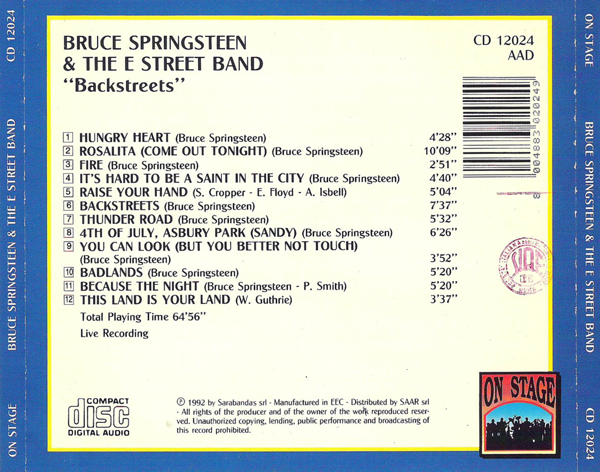 Cartula Trasera de Bruce Springsteen & The E Street Band - Backstreets
