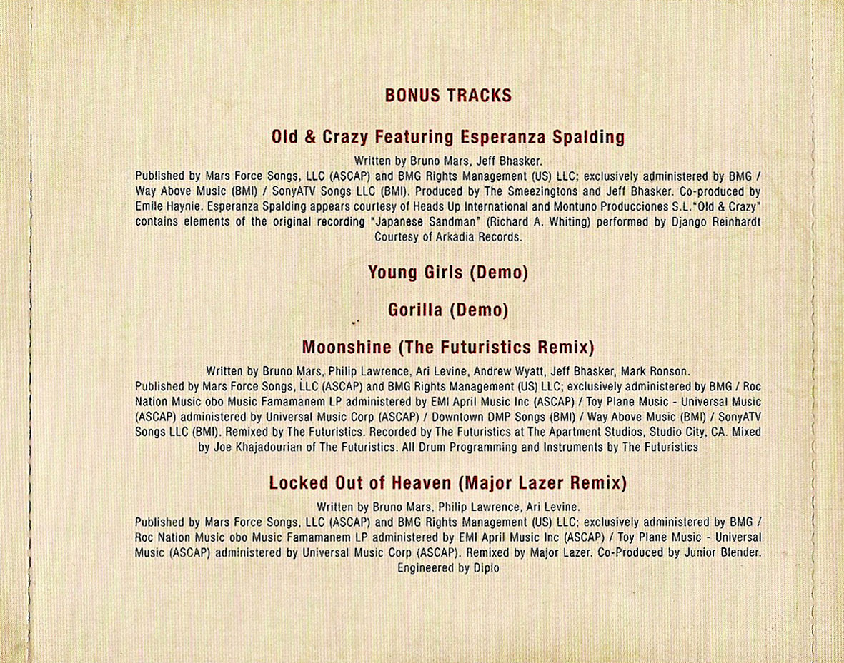 Cartula Interior Trasera de Bruno Mars - Unorthodox Jukebox (Deluxe Edition)