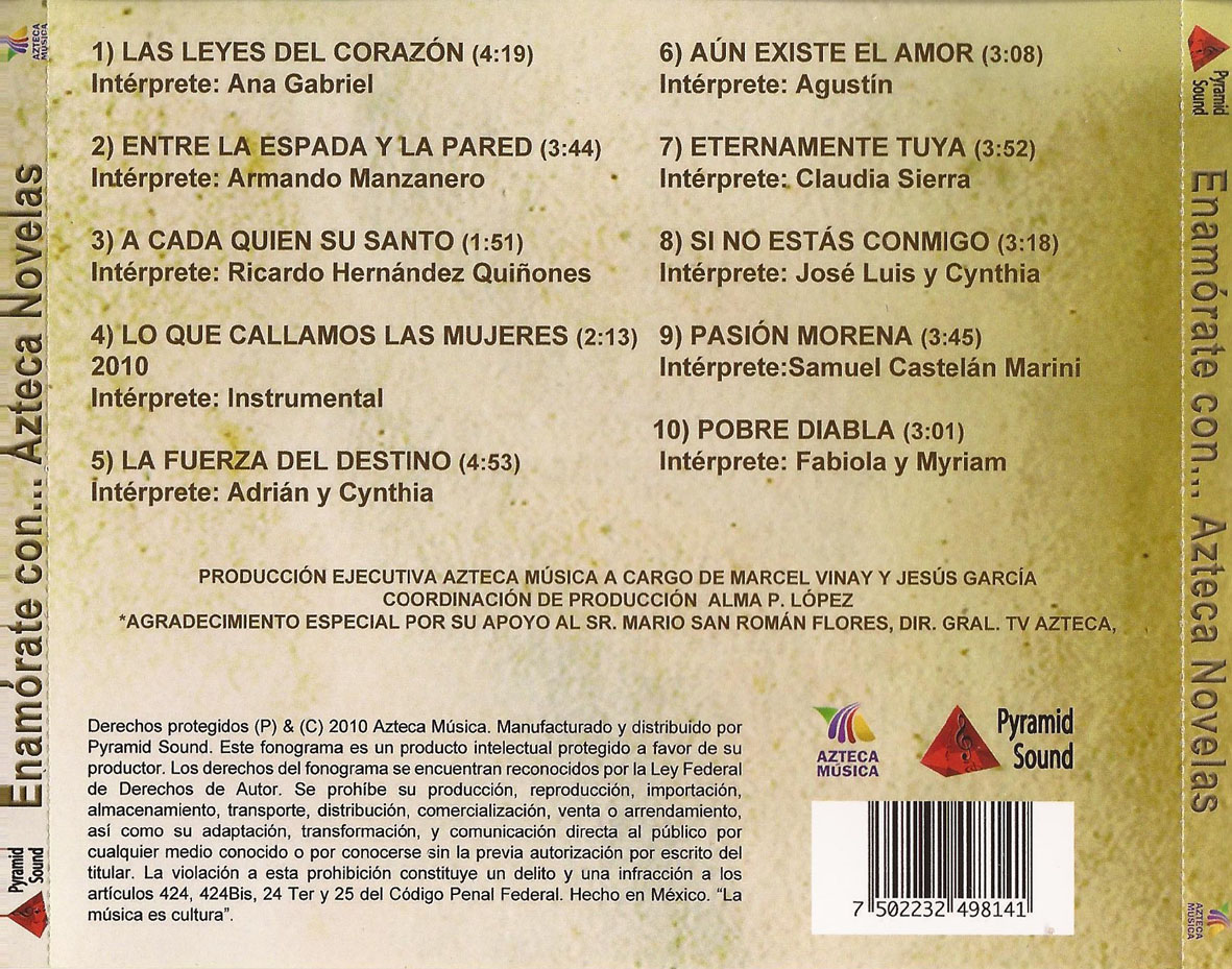 Car�tula Trasera de Bso Enamorate Con... Azteca Novelas