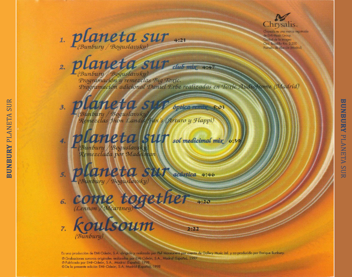 Cartula Trasera de Bunbury - Planeta Sur (Cd Single)