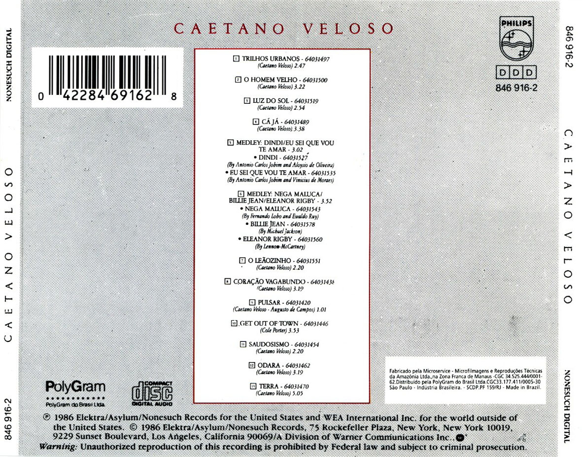 Cartula Trasera de Caetano Veloso - Caetano Veloso (Acustico)