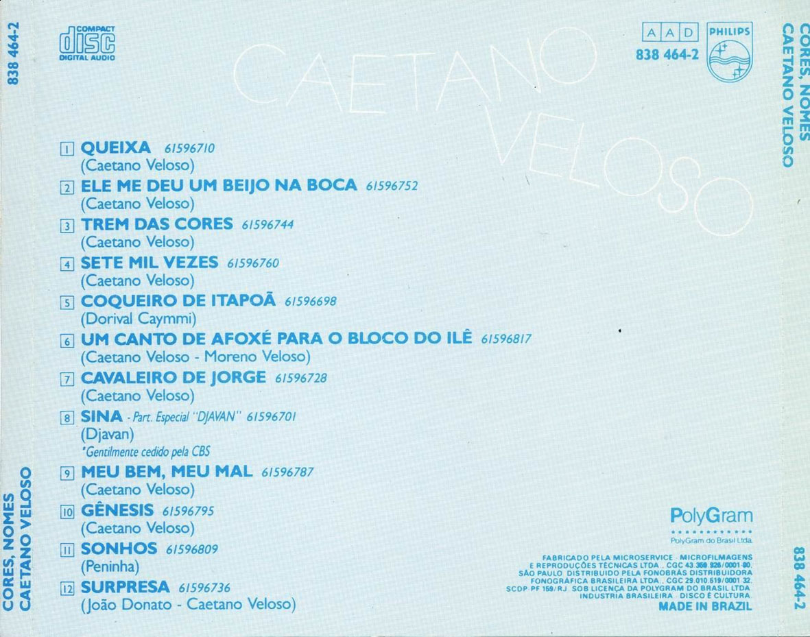 Cartula Trasera de Caetano Veloso - Cores, Nomes