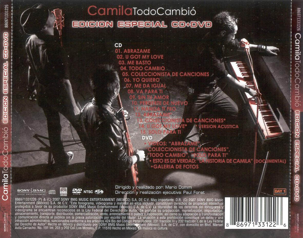 Cartula Trasera de Camila - Todo Cambio (Edicion Especial)