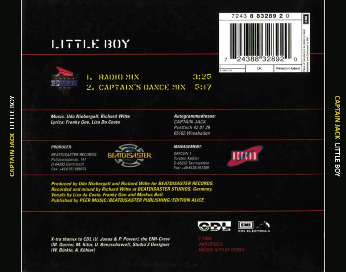 Cartula Trasera de Captain Jack - Little Boy (Cd Single) (Alemania)