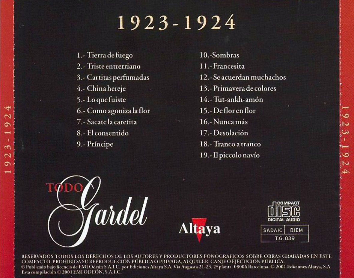 Cartula Trasera de Carlos Gardel - Todo Gardel 1923-1924
