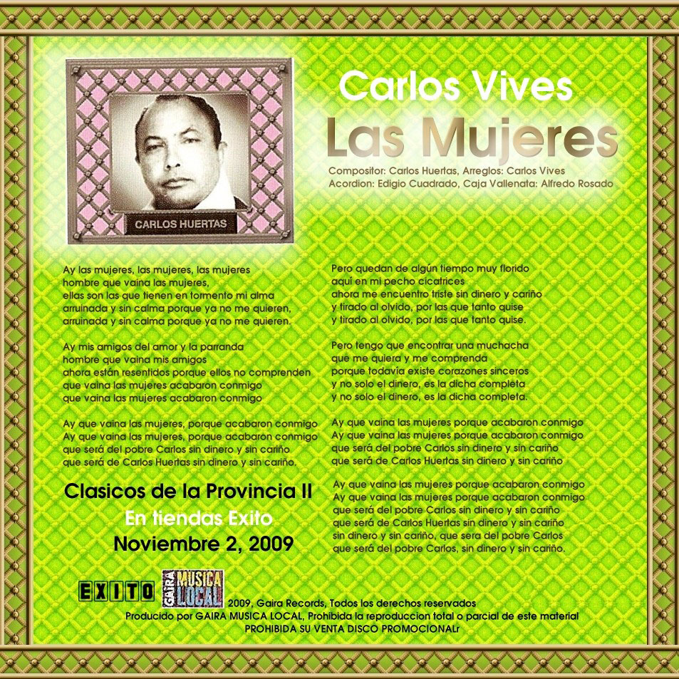 Cartula Interior Frontal de Carlos Vives - Las Mujeres (Cd Single)
